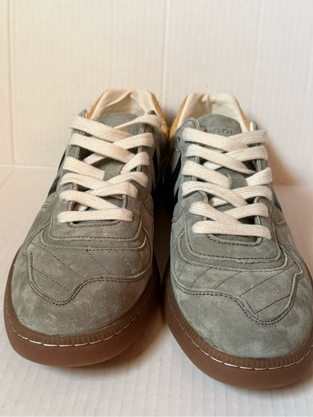 Coolway Grayish-Olive Suede Low-Top Sneakers with Brown Gum Sole